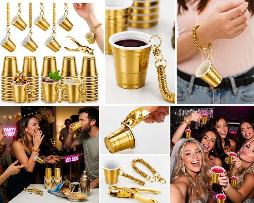 Gold Mini Shot Cups with Wrist Straps & Hole Punch – Party Drink Cup Set